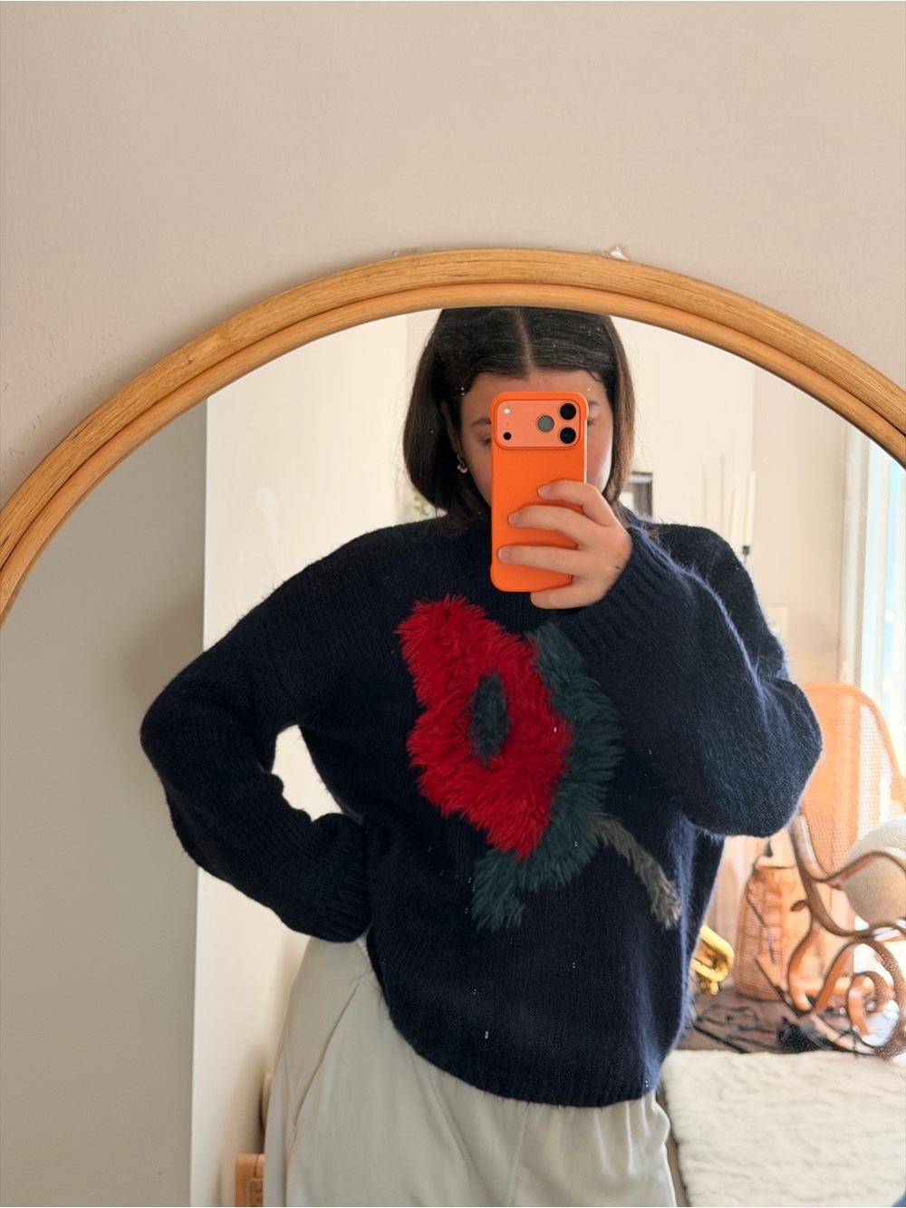 Navy Crewneck Sweater with Red Floral Accent